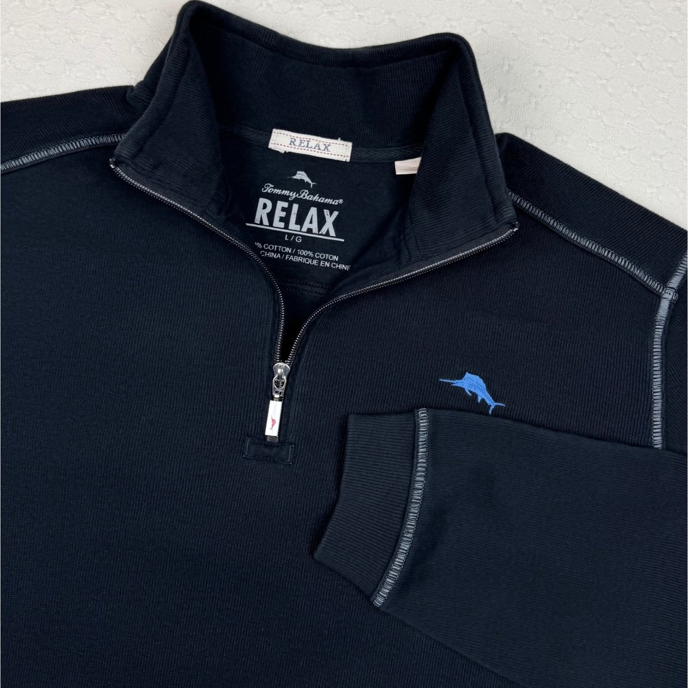 Tommy Bahama Relax Pullover Quarter Zip Contrast Stitch Mens L Black Rib Knit